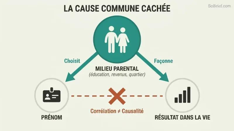 Confounding-variable triangle where parental background causes both name choice and life outcomes, with the falsely assumed direct link struck through.
