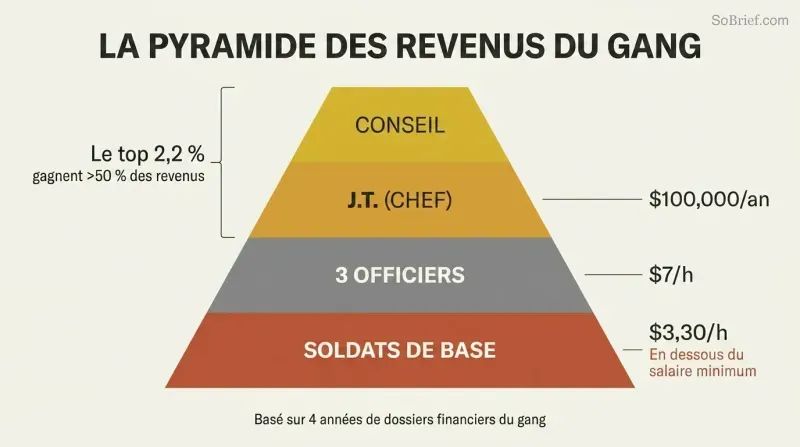 Four-tier pyramid showing crack gang hierarchy from a narrow board of directors at the apex to a wide base of foot soldiers, with pay rates dropping from $100,000 per year at the top to $3.30 per hour at the bottom.