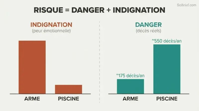 Split bar comparison revealing that guns trigger high outrage but low hazard while pools show the deadly opposite pattern.
