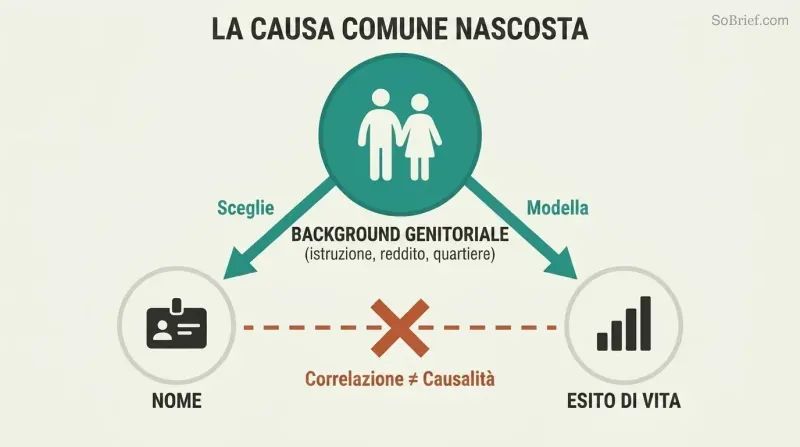Confounding-variable triangle where parental background causes both name choice and life outcomes, with the falsely assumed direct link struck through.