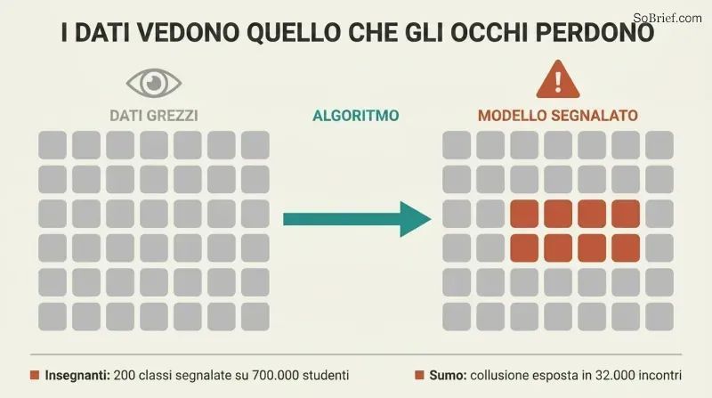 Side-by-side data grids where algorithmic analysis reveals a hidden block of anomalous answers invisible in the raw uniform data.