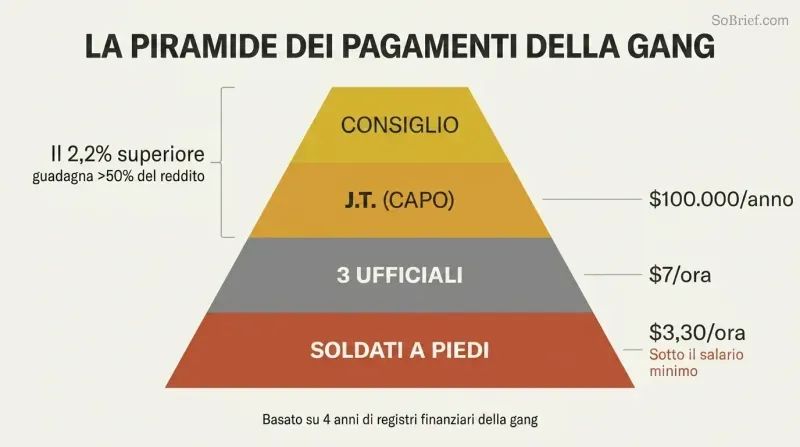 Four-tier pyramid showing crack gang hierarchy from a narrow board of directors at the apex to a wide base of foot soldiers, with pay rates dropping from $100,000 per year at the top to $3.30 per hour at the bottom.