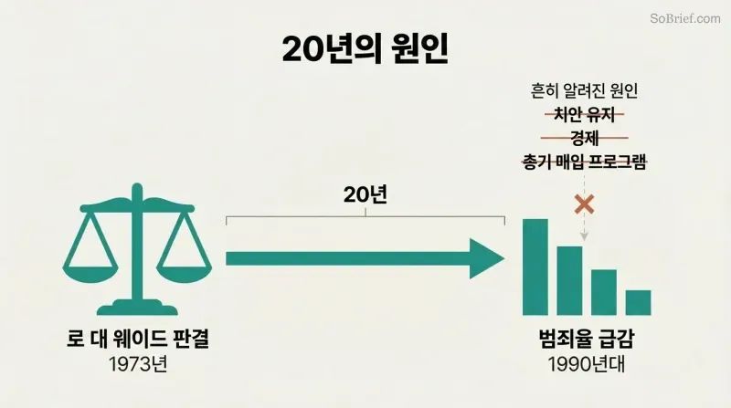 Timeline connecting Roe v. Wade in 1973 to the 1990s crime drop via a bold 20-year arrow, with commonly credited causes like policing crossed out above.