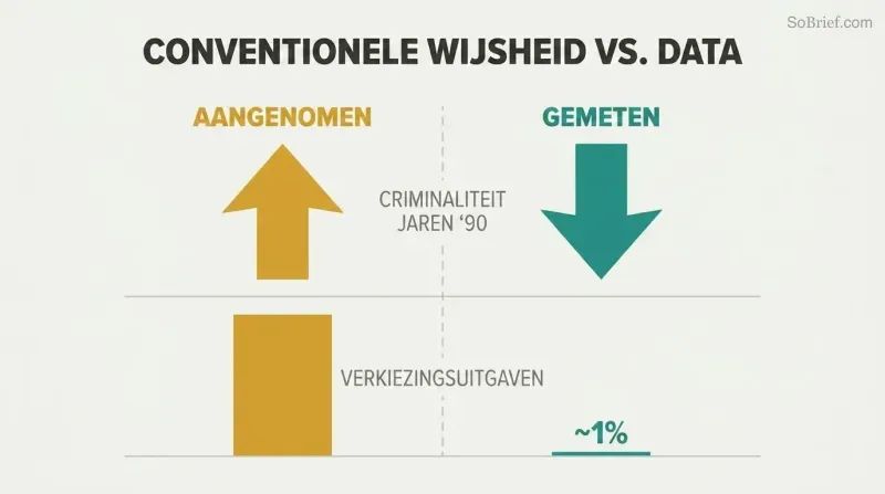 Split panel comparing assumed versus measured outcomes for crime and election spending, with opposing arrows and dramatically different bar heights revealing how profoundly predictions can fail.