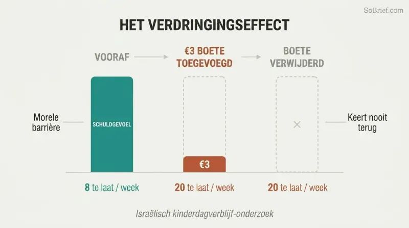 Three-stage timeline showing a tall moral-deterrent bar replaced by a tiny financial-penalty bar, with tardiness doubling and staying high even after the penalty is removed.