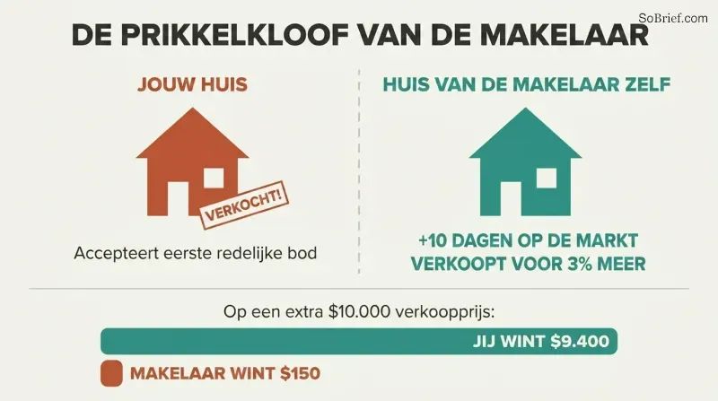 Split panel comparing how agents sell clients' homes fast but hold their own longer, with proportion bars revealing the incentive gap.