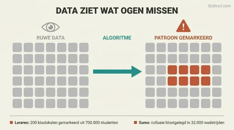 Side-by-side data grids where algorithmic analysis reveals a hidden block of anomalous answers invisible in the raw uniform data.