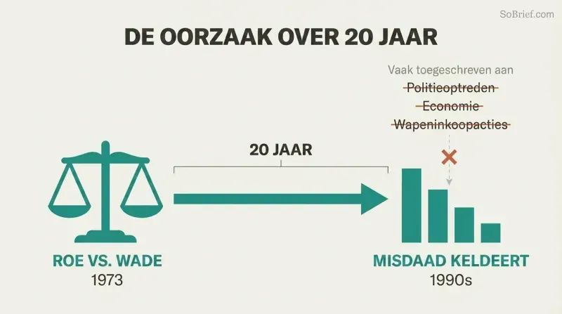 Timeline connecting Roe v. Wade in 1973 to the 1990s crime drop via a bold 20-year arrow, with commonly credited causes like policing crossed out above.