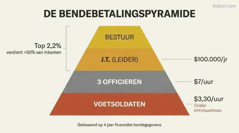 Four-tier pyramid showing crack gang hierarchy from a narrow board of directors at the apex to a wide base of foot soldiers, with pay rates dropping from $100,000 per year at the top to $3.30 per hour at the bottom.