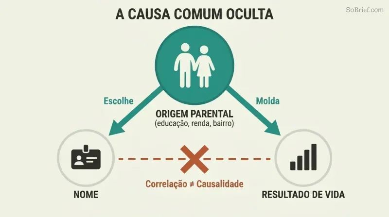 Confounding-variable triangle where parental background causes both name choice and life outcomes, with the falsely assumed direct link struck through.