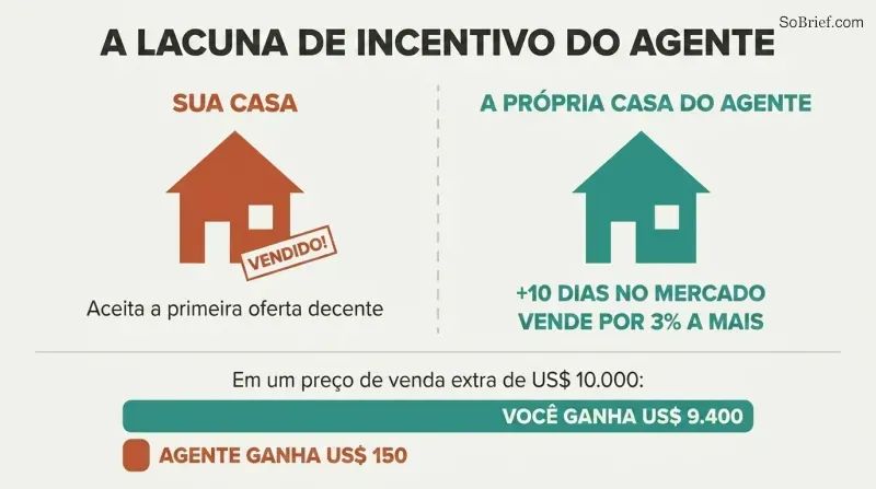 Split panel comparing how agents sell clients' homes fast but hold their own longer, with proportion bars revealing the incentive gap.