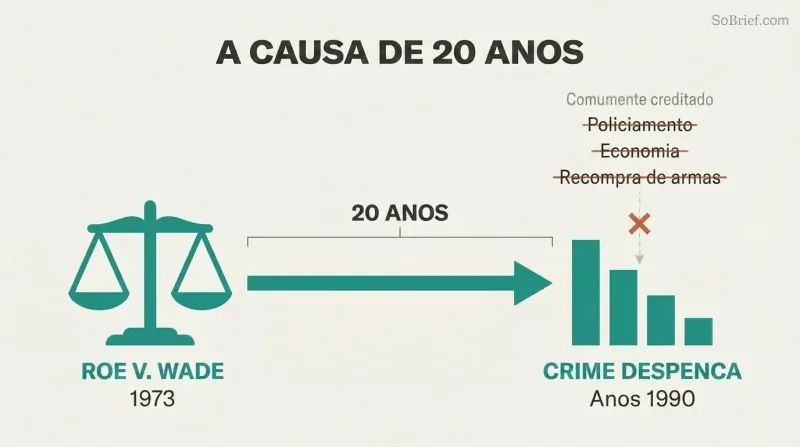 Timeline connecting Roe v. Wade in 1973 to the 1990s crime drop via a bold 20-year arrow, with commonly credited causes like policing crossed out above.