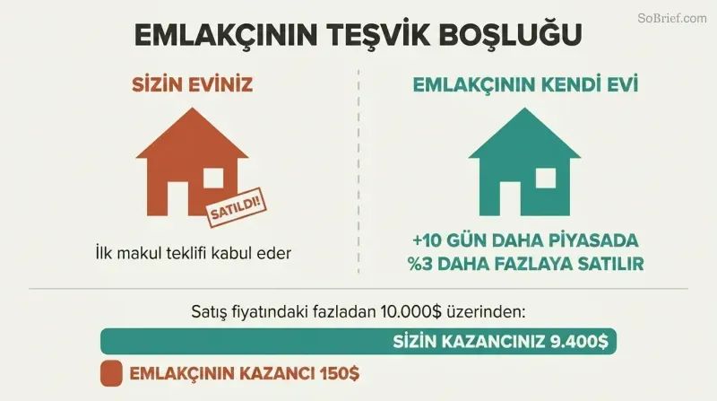 Split panel comparing how agents sell clients' homes fast but hold their own longer, with proportion bars revealing the incentive gap.