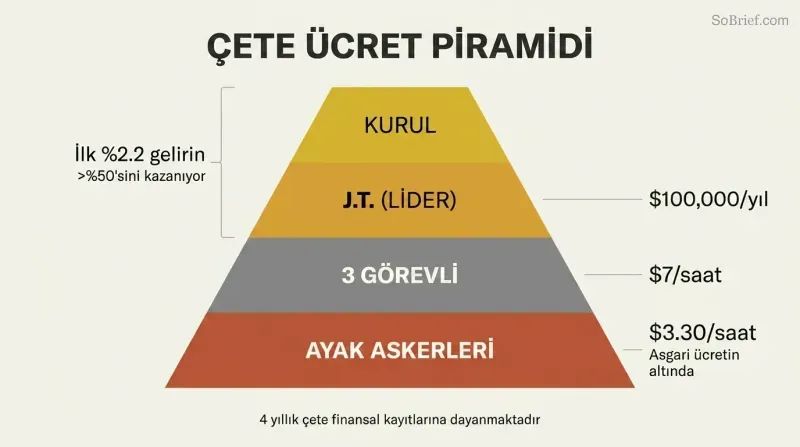 Four-tier pyramid showing crack gang hierarchy from a narrow board of directors at the apex to a wide base of foot soldiers, with pay rates dropping from $100,000 per year at the top to $3.30 per hour at the bottom.