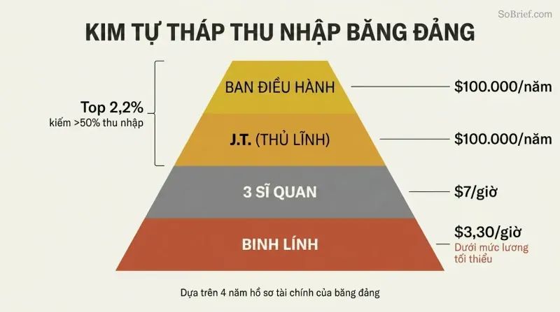 Four-tier pyramid showing crack gang hierarchy from a narrow board of directors at the apex to a wide base of foot soldiers, with pay rates dropping from $100,000 per year at the top to $3.30 per hour at the bottom.