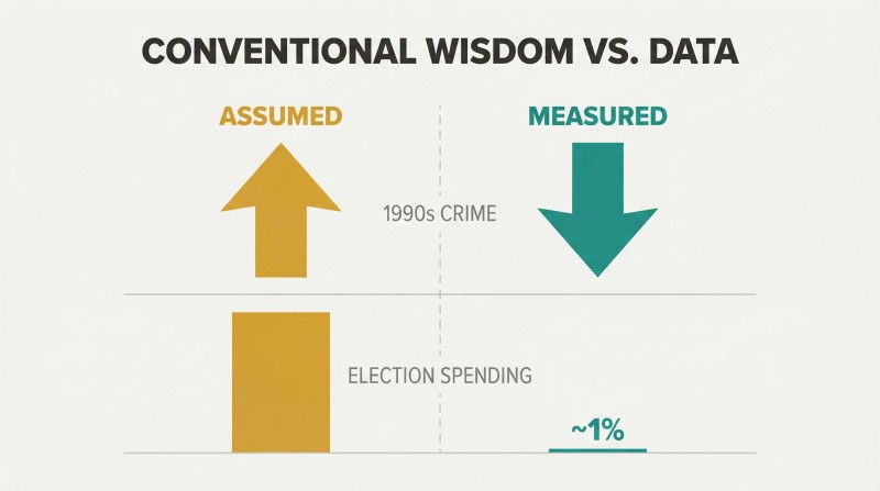 Split panel comparing assumed versus measured outcomes for crime and election spending, with opposing arrows and dramatically different bar heights revealing how profoundly predictions can fail.