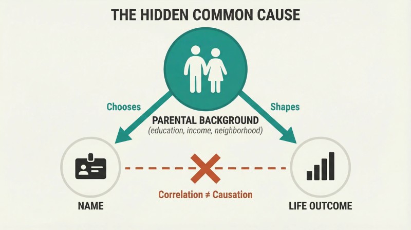 Confounding-variable triangle where parental background causes both name choice and life outcomes, with the falsely assumed direct link struck through.