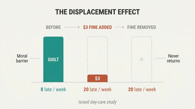 Three-stage timeline showing a tall moral-deterrent bar replaced by a tiny financial-penalty bar, with tardiness doubling and staying high even after the penalty is removed.