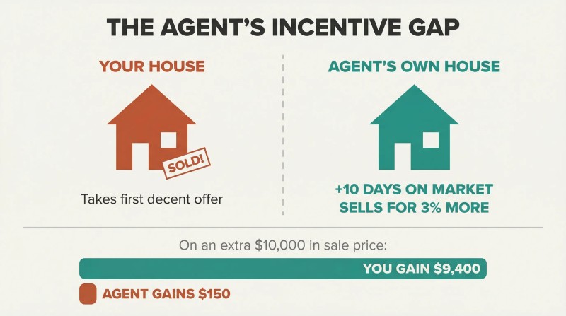 Split panel comparing how agents sell clients' homes fast but hold their own longer, with proportion bars revealing the incentive gap.