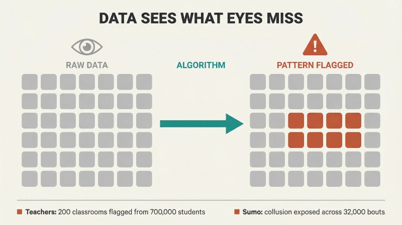 Side-by-side data grids where algorithmic analysis reveals a hidden block of anomalous answers invisible in the raw uniform data.