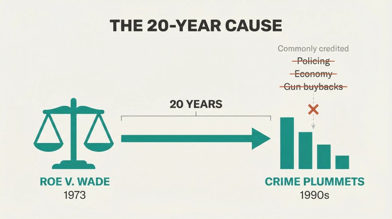 Timeline connecting Roe v. Wade in 1973 to the 1990s crime drop via a bold 20-year arrow, with commonly credited causes like policing crossed out above.
