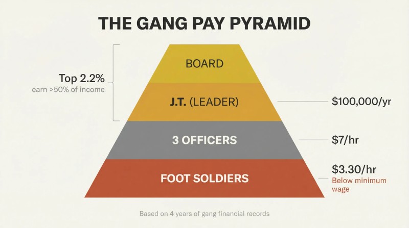 Four-tier pyramid showing crack gang hierarchy from a narrow board of directors at the apex to a wide base of foot soldiers, with pay rates dropping from $100,000 per year at the top to $3.30 per hour at the bottom.