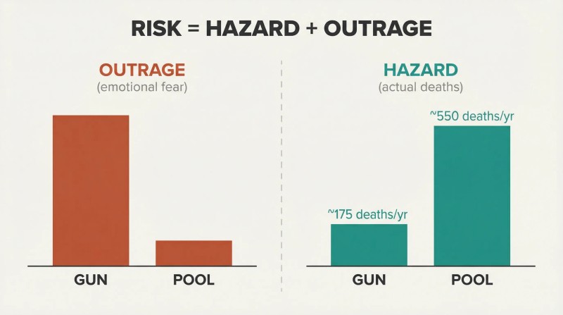 Split bar comparison revealing that guns trigger high outrage but low hazard while pools show the deadly opposite pattern.