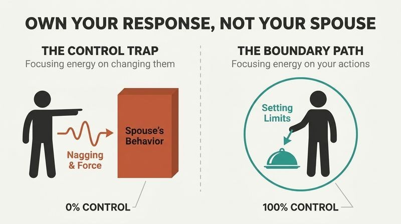 Split panel diagram comparing the frustration of trying to change a spouse's behavior with the control of establishing personal boundaries.