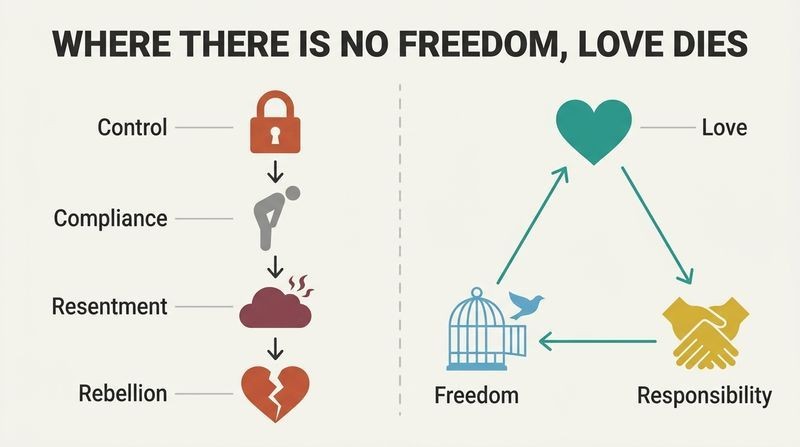 Split panel diagram contrasting a downward chain of Control leading to Rebellion on the left with a self-reinforcing triangle of Freedom, Responsibility, and Love on the right.
