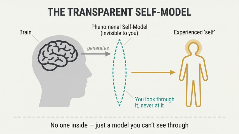 Cross-section of a head silhouette revealing an invisible lens-shaped layer between the brain and perceived reality, showing the self as an unseeable model.