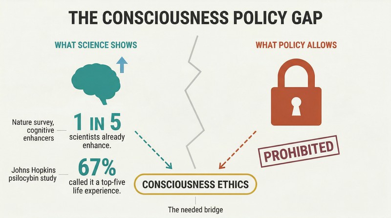 Split panel contrasting modern neuroscience evidence on the left with medieval-style prohibition on the right, separated by a jagged gap, with a proposed ethics framework bridging them below.