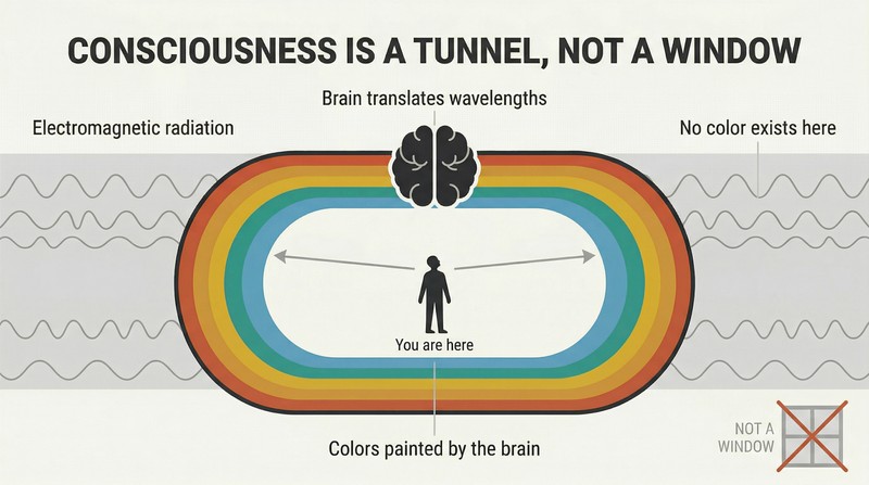 Cross-section of a tunnel showing colorless electromagnetic waves outside, a brain at the boundary, and vivid painted colors on the interior walls where a small human silhouette sits.