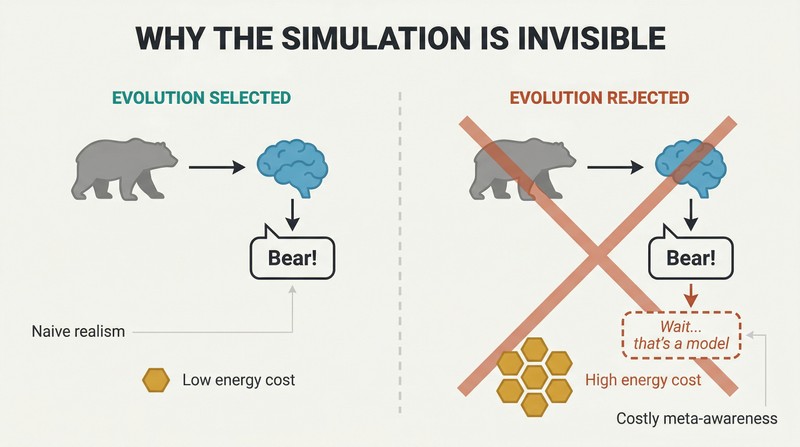 Split panel comparing evolution's two options: a simple low-cost brain path labeled naive realism versus a complex high-cost path with meta-awareness, crossed out as too expensive.