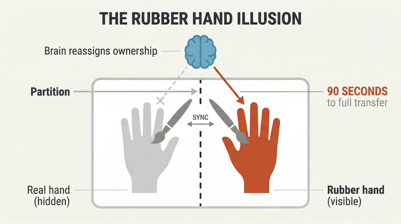 Top-down diagram of the rubber hand experiment showing a partition separating the hidden real hand from a visible rubber hand, with synchronized brush strokes causing the brain to claim ownership in 90 seconds.