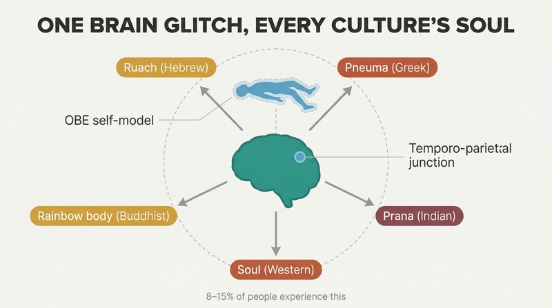 Hub-and-spoke diagram showing a brain at center with a detached human silhouette, radiating outward to cultural soul concepts like ruach, pneuma, and prana.
