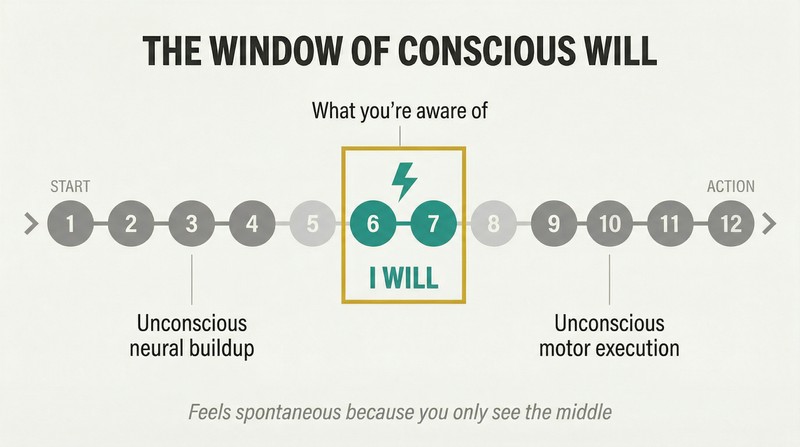 Long horizontal chain of neural events mostly dimmed, with a narrow bright window revealing only the small middle portion that consciousness perceives as spontaneous intention.