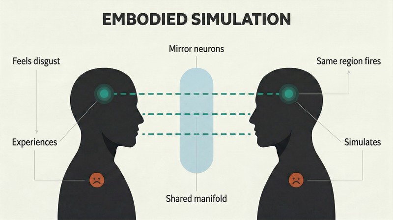 Two facing silhouette figures with matching highlighted brain regions connected by mirroring lines through a shared zone between them.