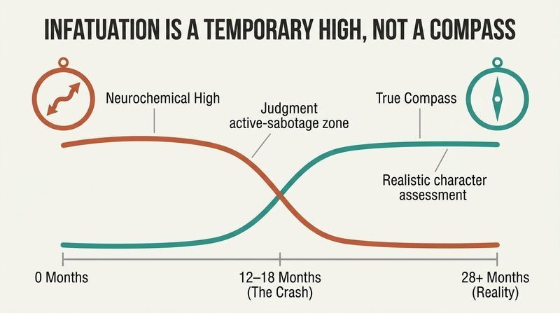 Line graph contrasting the steep decline of the infatuation high over 18 months against the gradual rise of realistic character clarity.