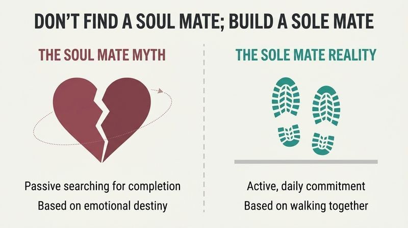 A split-panel diagram contrasting the passive myth of a soul mate, symbolized by a split heart waiting to be complete, with the active reality of a sole mate, represented by two pairs of shoe prints walking side-by-side on a path.