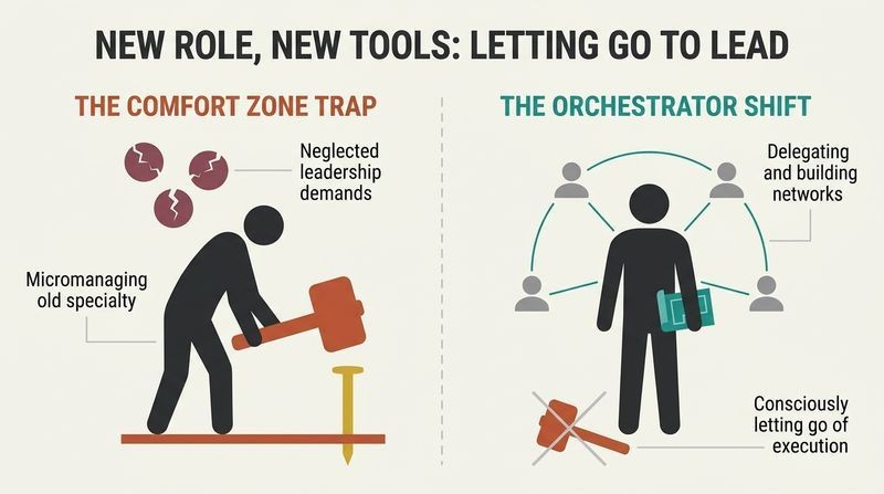 A split-panel diagram showing the failure of micromanagement with a hammer versus the success of orchestrating a collaborative team.