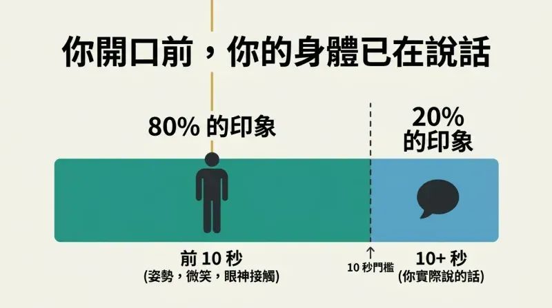 Proportional timeline diagram showing that 80 percent of a first impression is formed by body language in the first 10 seconds, while spoken words make up only 20 percent.