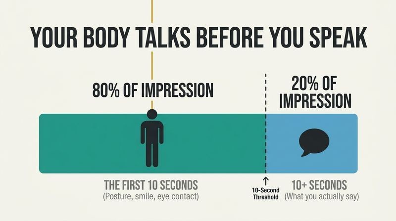 Proportional timeline diagram showing that 80 percent of a first impression is formed by body language in the first 10 seconds, while spoken words make up only 20 percent.