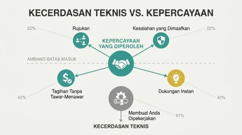 A two-tiered structural diagram showing technical expertise as the baseline entry level to get hired, and trust as the higher-level tier that unlocks multiple premium client benefits.