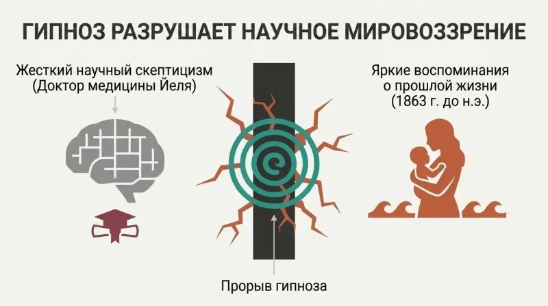 Diagram showing a rigid wall of scientific skepticism cracked open by a hypnosis spiral, revealing a vivid ancient past-life memory on the other side.
