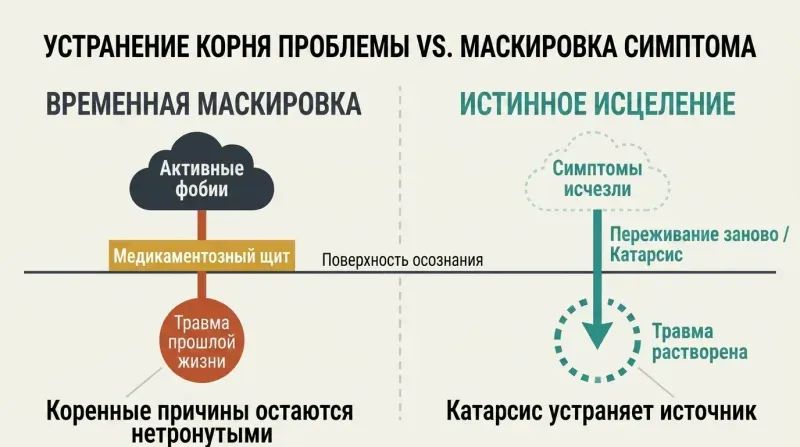 Side-by-side comparison diagram showing how medication merely blocks surface symptoms while leaving deep traumatic roots intact, whereas reliving the original trauma dissolves the root and permanently clears the phobias.