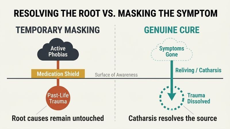 Side-by-side comparison diagram showing how medication merely blocks surface symptoms while leaving deep traumatic roots intact, whereas reliving the original trauma dissolves the root and permanently clears the phobias.