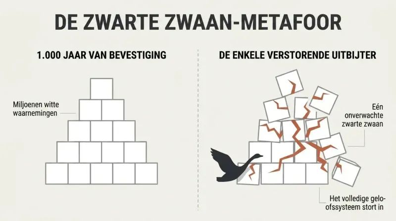 A split-panel diagram showing a neat pyramid of white blocks representing years of certainty on the left, which is shattered on the right by a single black swan striking its base.