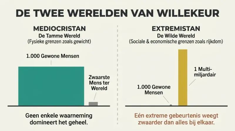 Split panel diagram comparing Mediocristan where the collective group dominates weight, and Extremistan where a single outlier dominates wealth.