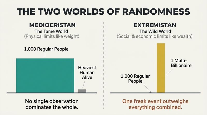 Split panel diagram comparing Mediocristan where the collective group dominates weight, and Extremistan where a single outlier dominates wealth.