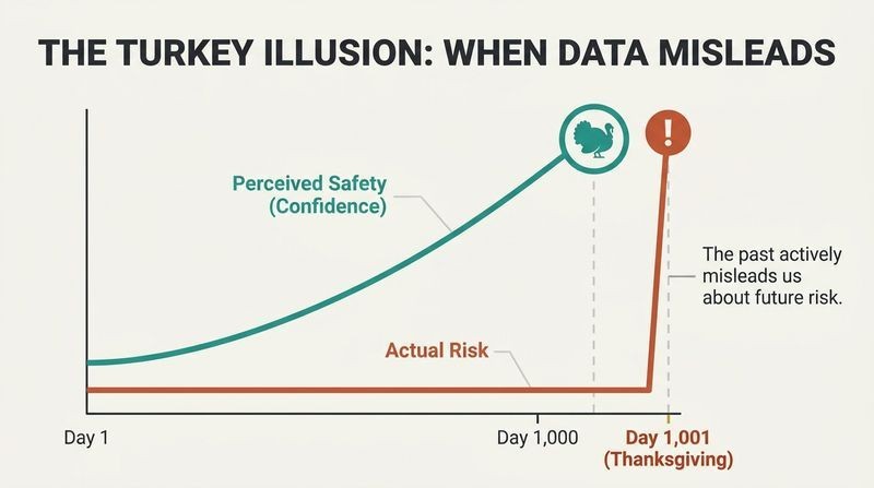 Dual line graph plotting a turkey's steadily rising confidence over 1,000 days against a flat risk line that suddenly spikes vertically on Thanksgiving Day.